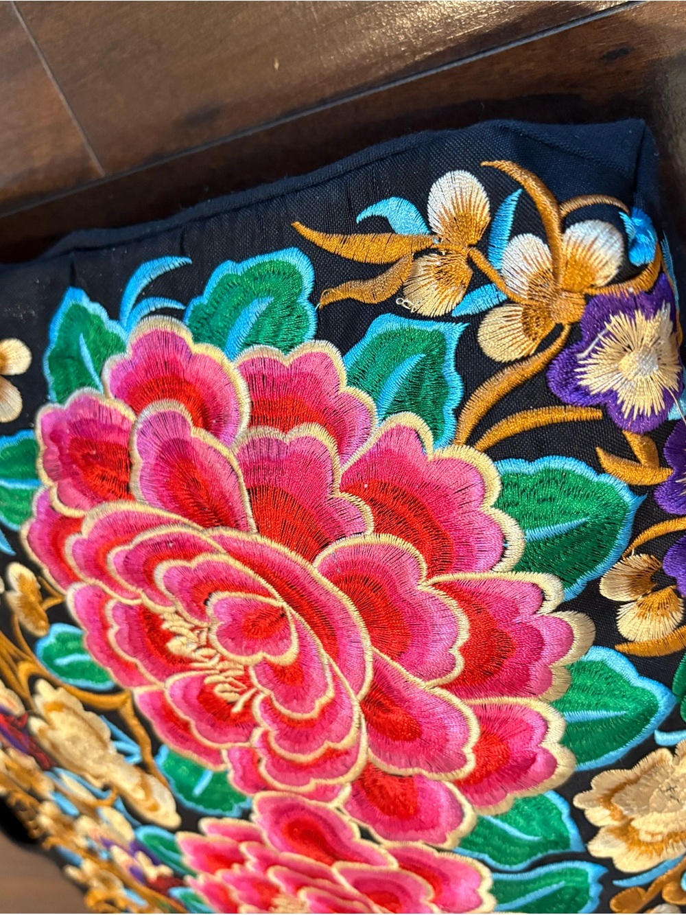 Embroidered Floral Tote Bag in Black and Pink - Picture 3 of 8